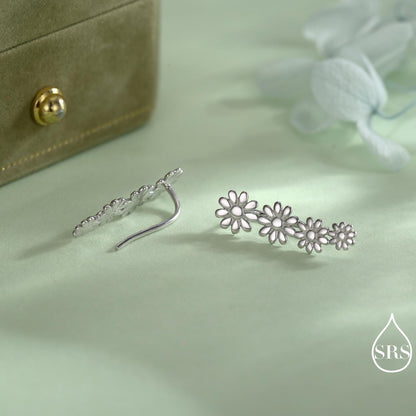 Daisy Flower Crawler Earrings in Sterling Silver, Daisy Chain, Flower Earrings, Ear Climbers, Daisy Earrings