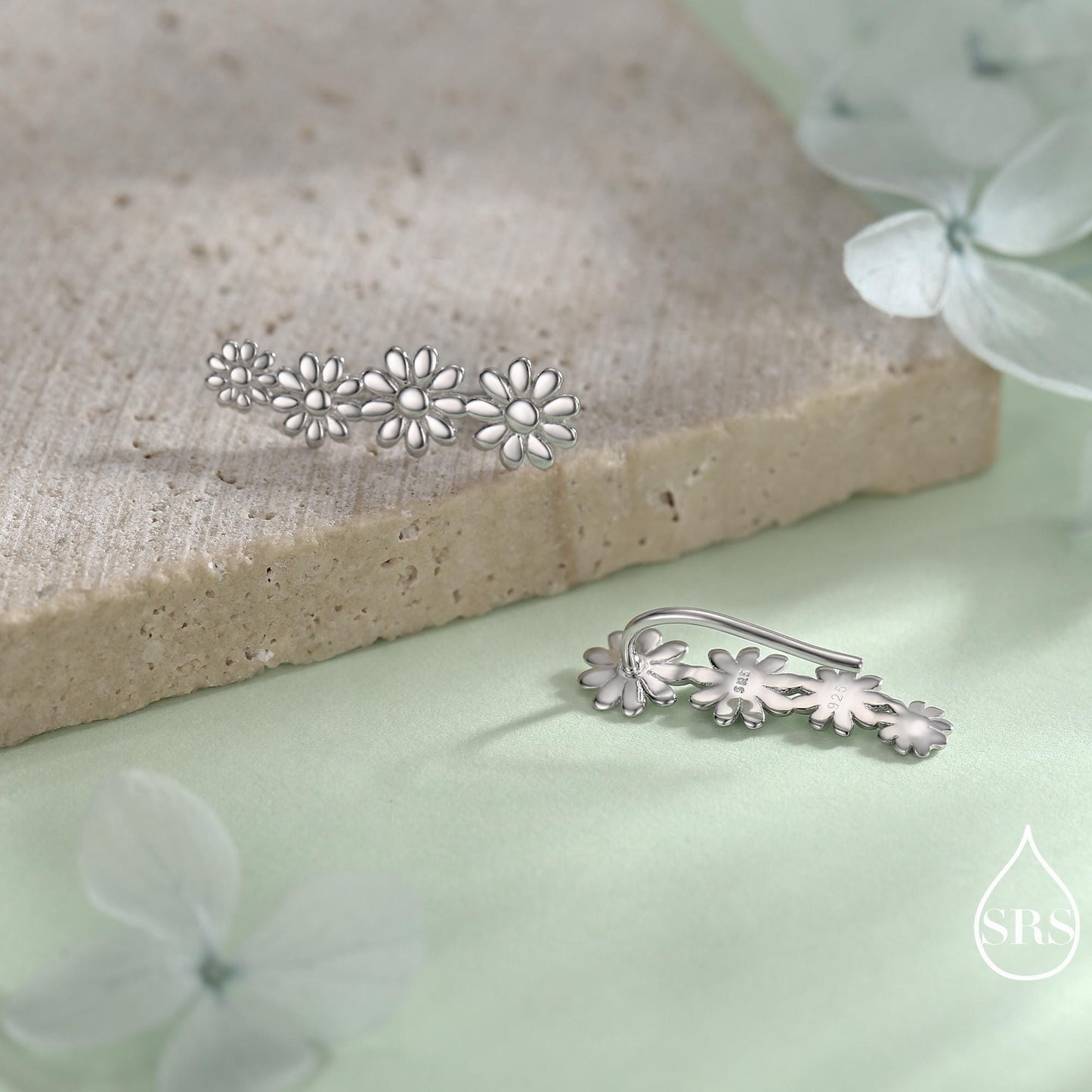 Daisy Flower Crawler Earrings in Sterling Silver, Daisy Chain, Flower Earrings, Ear Climbers, Daisy Earrings