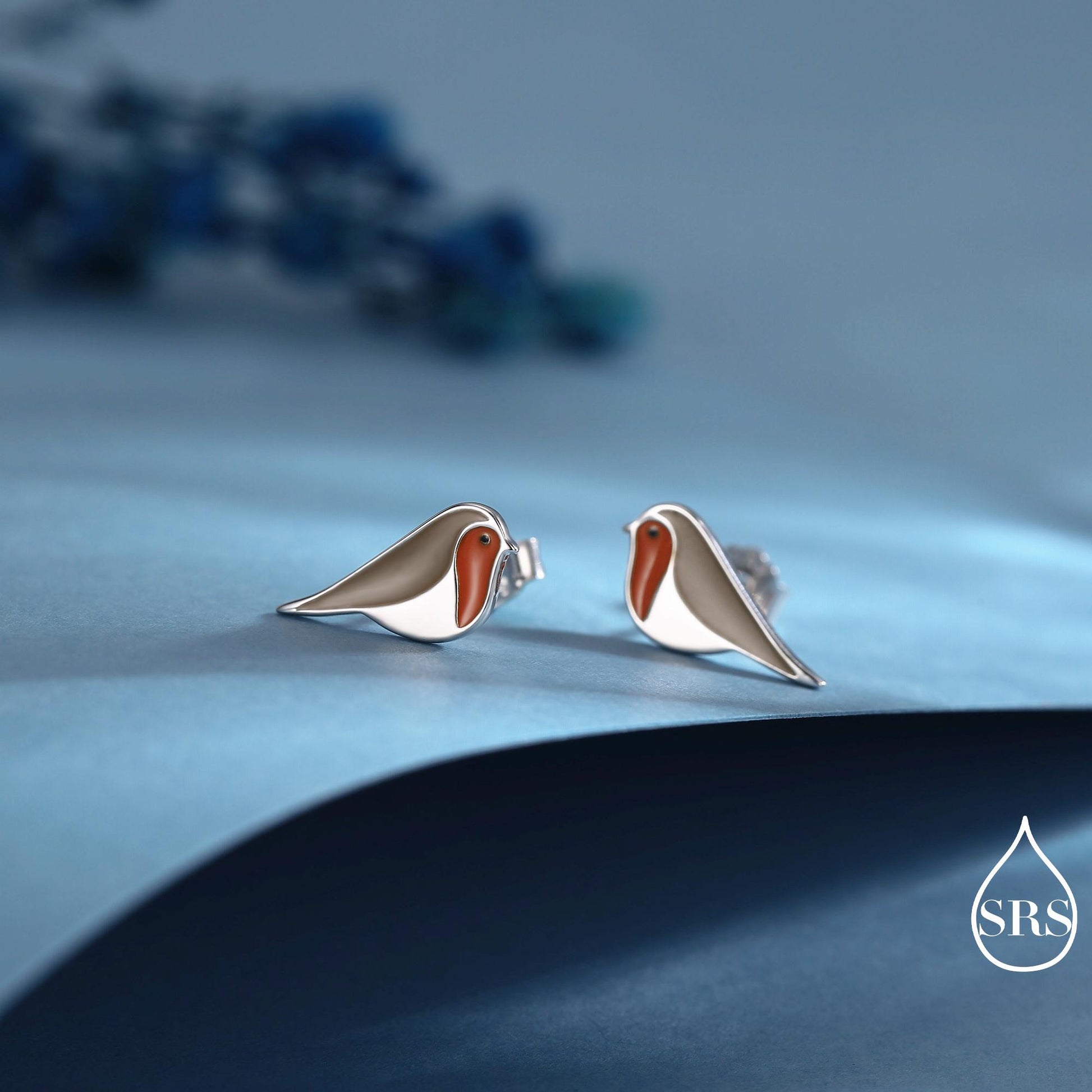 Robin Bird Stud Earrings in Sterling Silver, Sterling Silver Robin Earrings, Hand Painted Enamel Earrings, Nature Inspired Animal Earrings