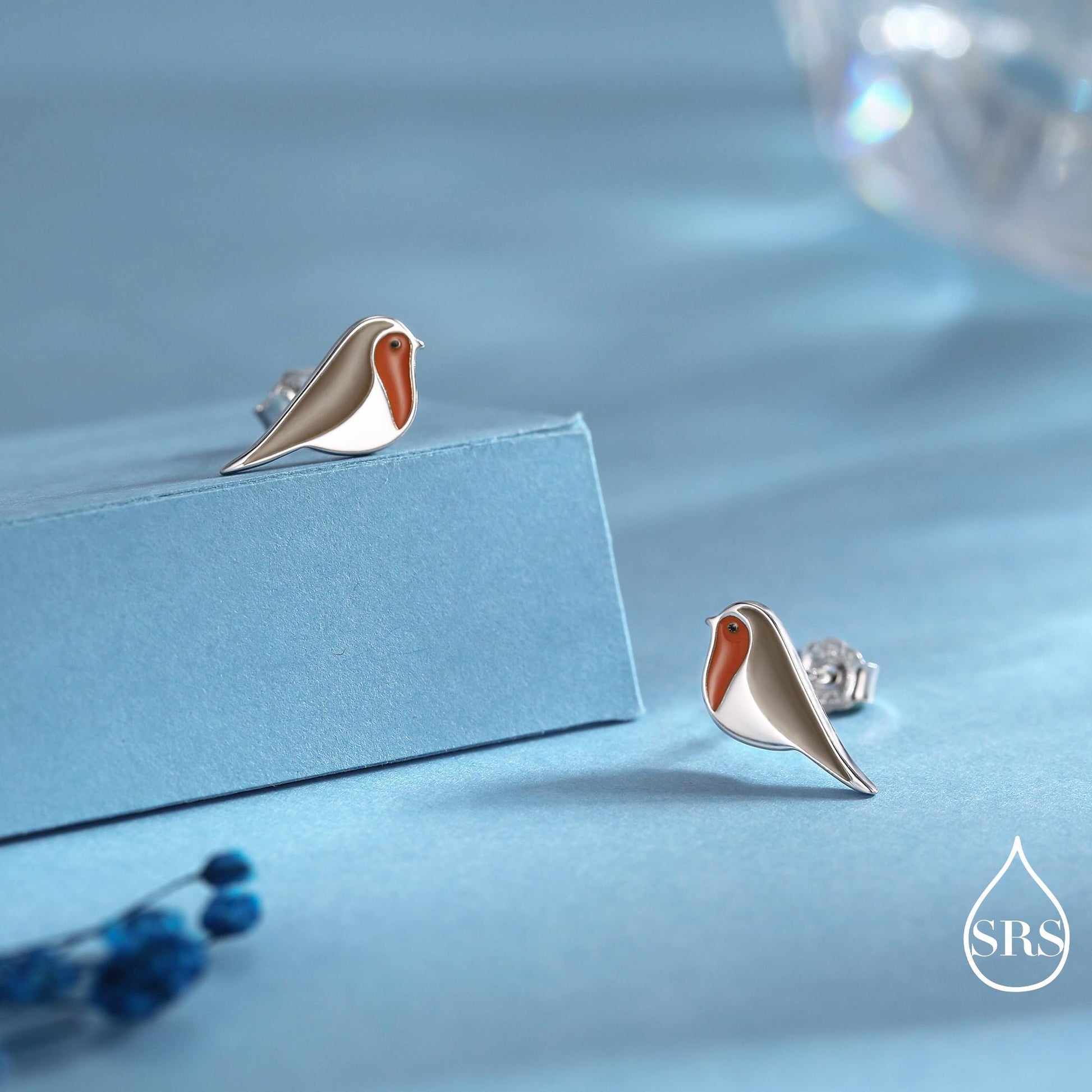 Robin Bird Stud Earrings in Sterling Silver, Sterling Silver Robin Earrings, Hand Painted Enamel Earrings, Nature Inspired Animal Earrings