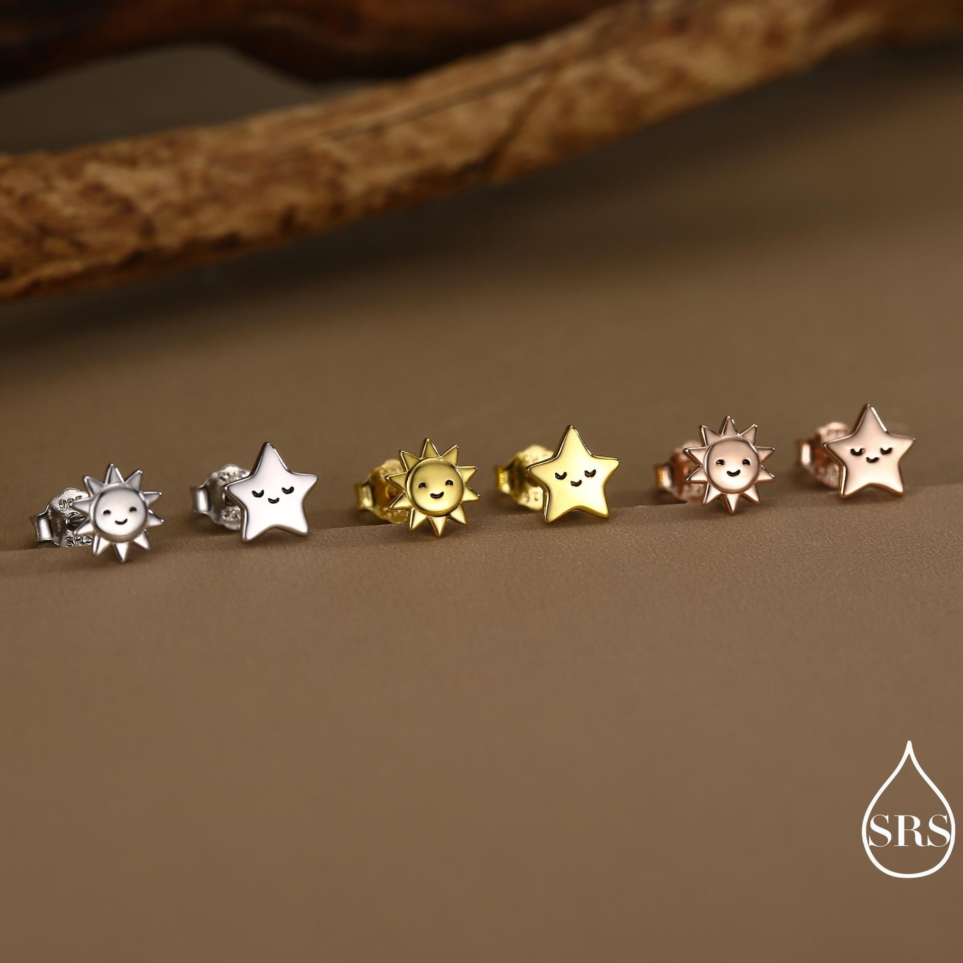 Tiny Mismatched Sun and Star Stud Earrings in Sterling Silver, Silver Gold or Rose Gold Finish, Sun Earrings, Celestial Earrings