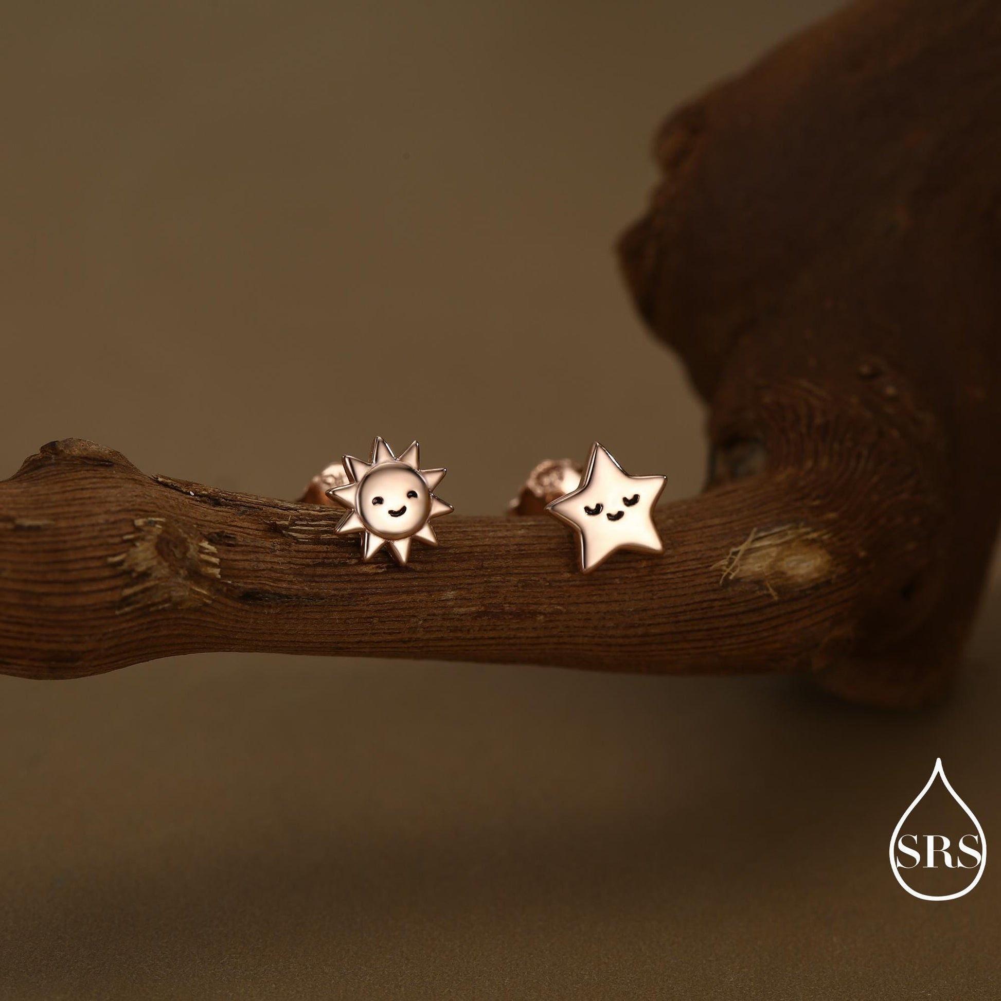 Tiny Mismatched Sun and Star Stud Earrings in Sterling Silver, Silver Gold or Rose Gold Finish, Sun Earrings, Celestial Earrings