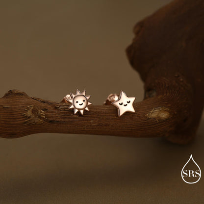 Tiny Mismatched Sun and Star Stud Earrings in Sterling Silver, Silver Gold or Rose Gold Finish, Sun Earrings, Celestial Earrings