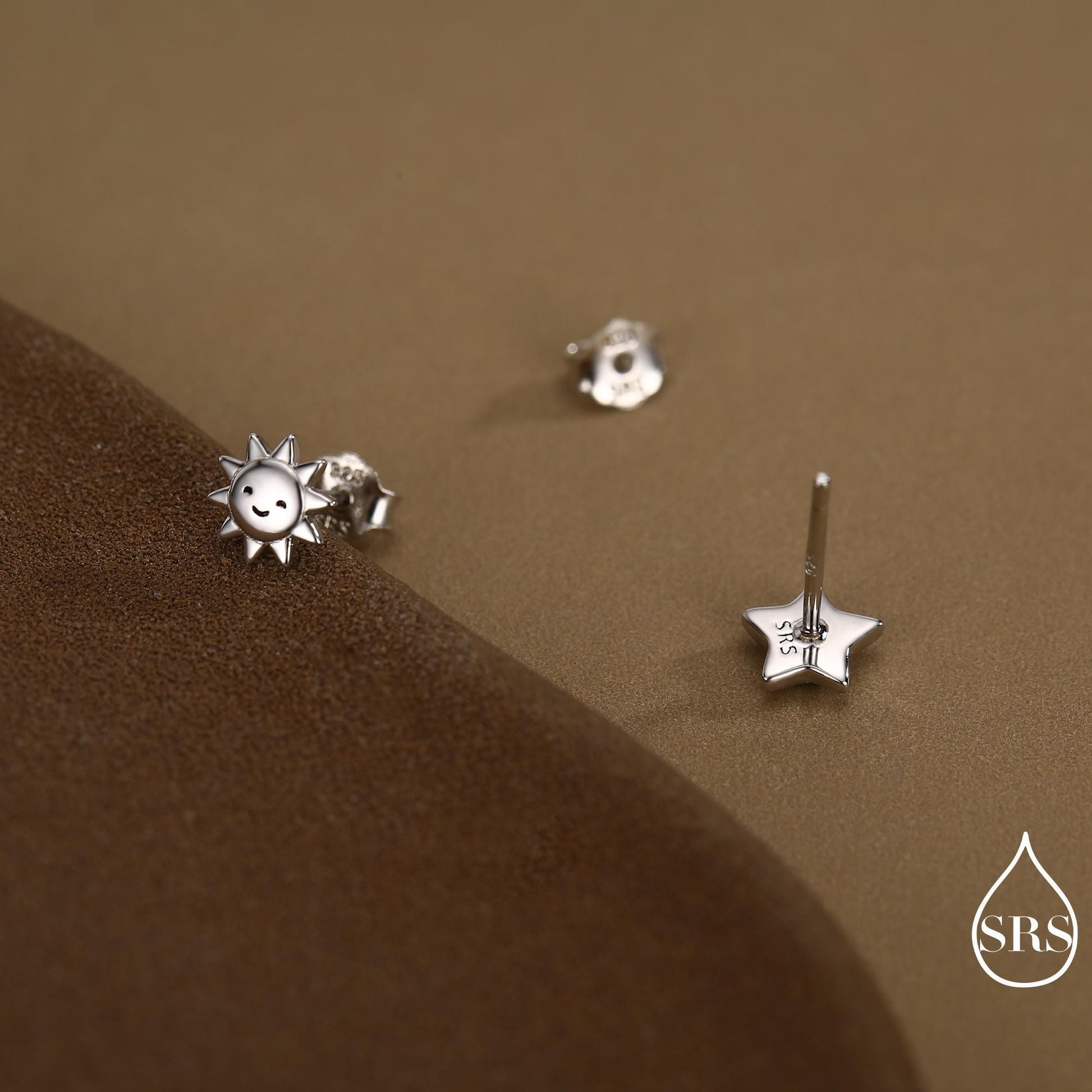 Tiny Mismatched Sun and Star Stud Earrings in Sterling Silver, Silver Gold or Rose Gold Finish, Sun Earrings, Celestial Earrings