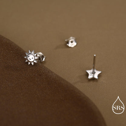 Tiny Mismatched Sun and Star Stud Earrings in Sterling Silver, Silver Gold or Rose Gold Finish, Sun Earrings, Celestial Earrings