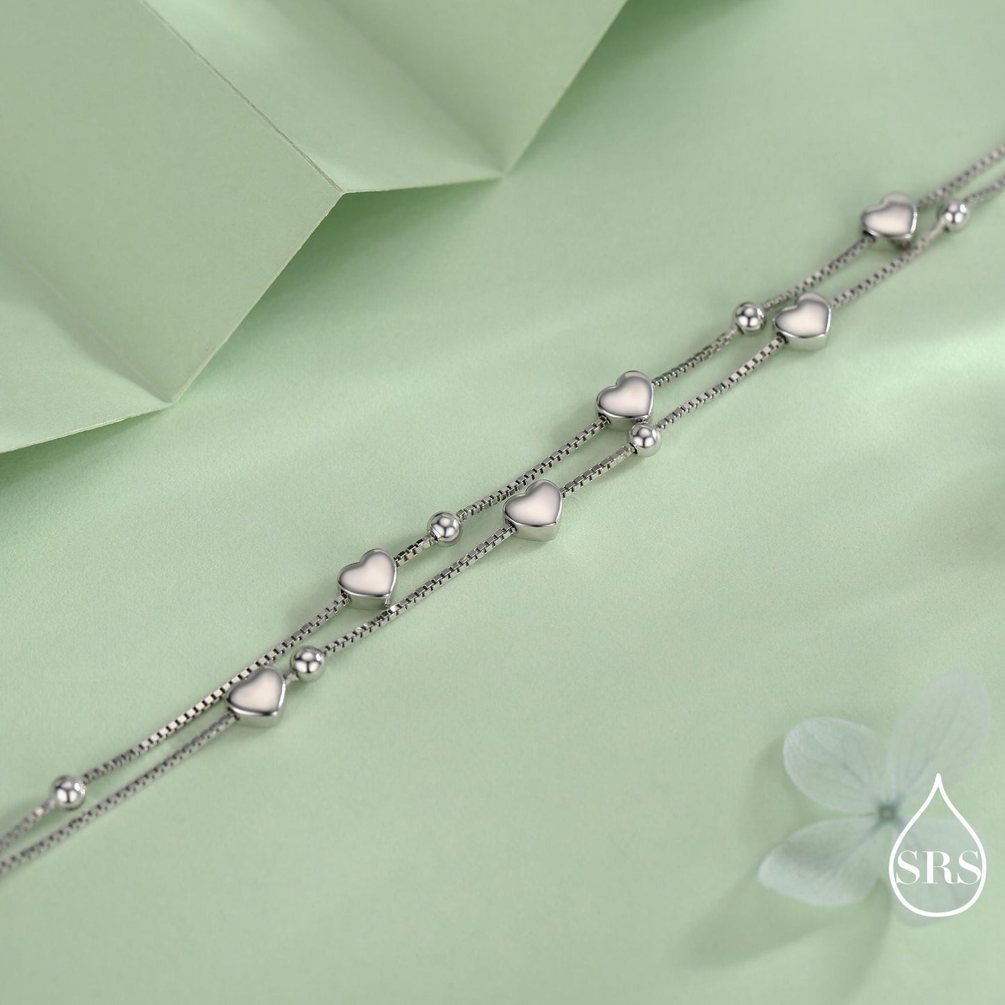 Heart Charm Bracelet in Sterling Silver, Solid Sterling Silver Heart Bracelet, Double Layer Heart Bracelet