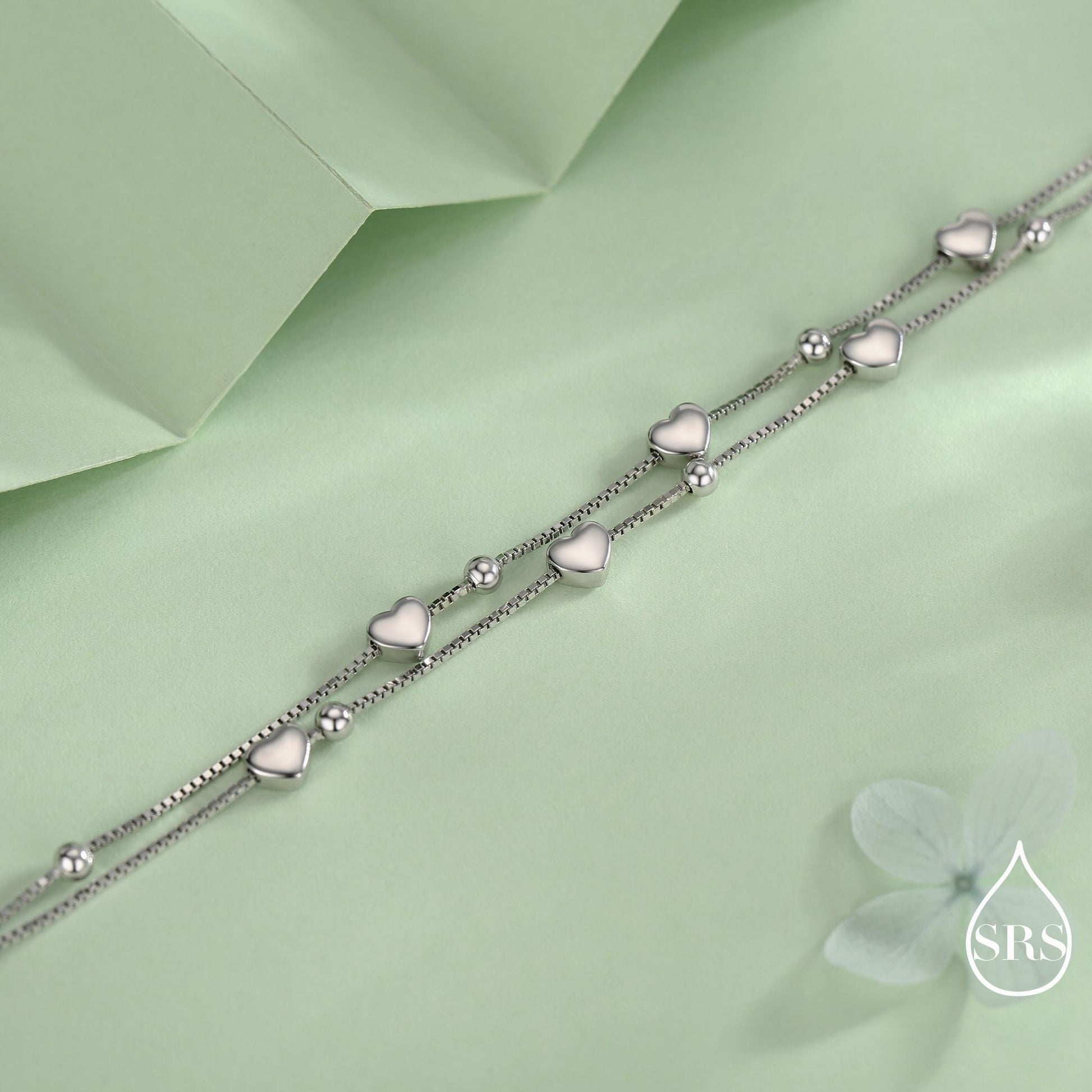 Heart Charm Bracelet in Sterling Silver, Solid Sterling Silver Heart Bracelet, Double Layer Heart Bracelet