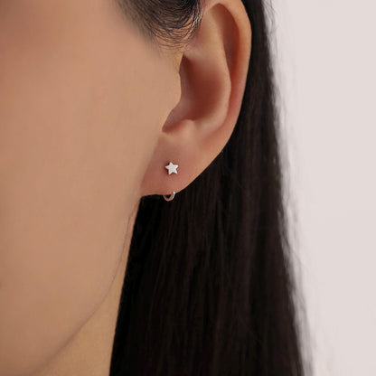 Mismatched Moon and Star Huggie Hoop Earrings in Sterling Silver, Asymmetric Pull Through Star Earrings, Half Hoops