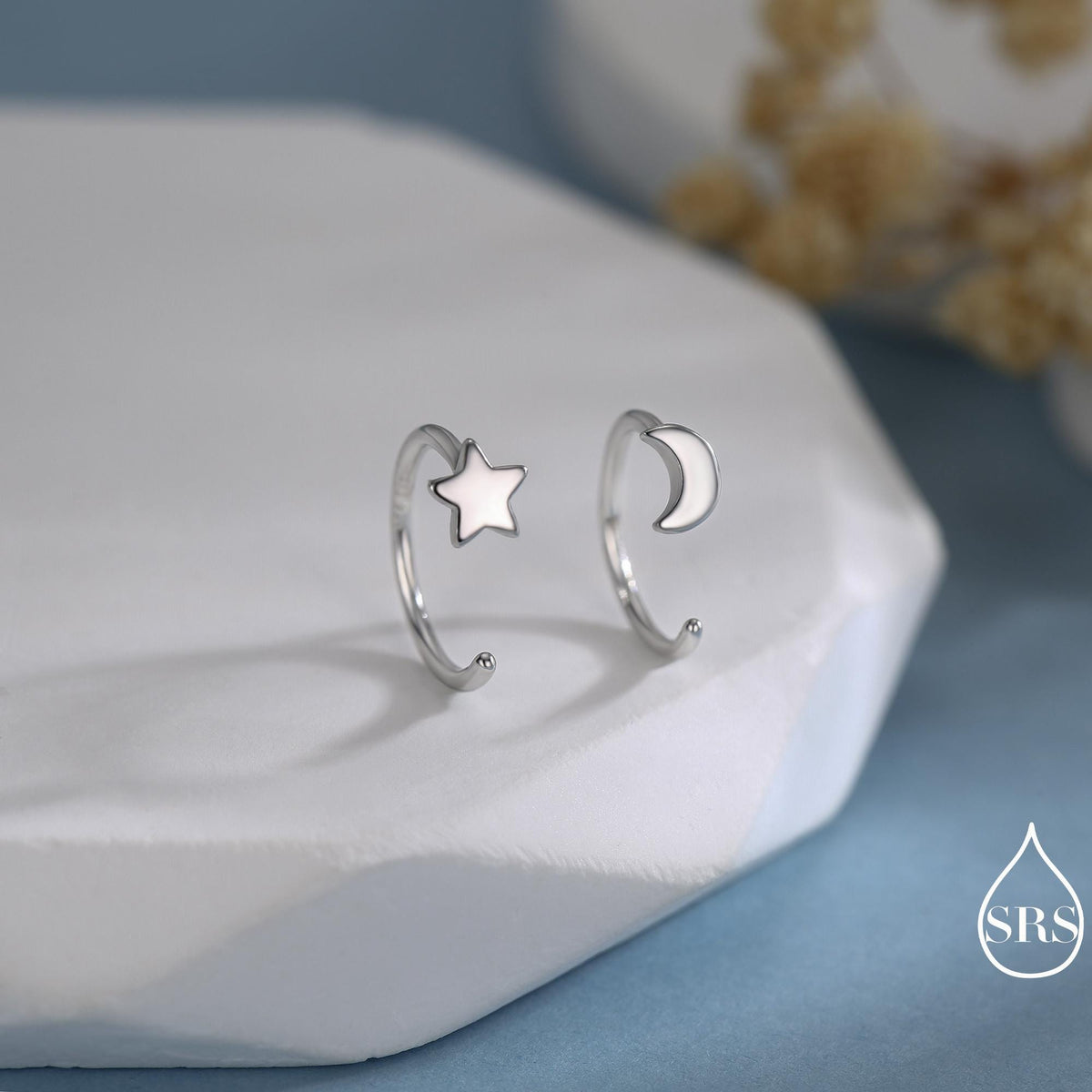 Mismatched Moon and Star Huggie Hoop Earrings in Sterling Silver, Asymmetric Pull Through Star Earrings, Half Hoops