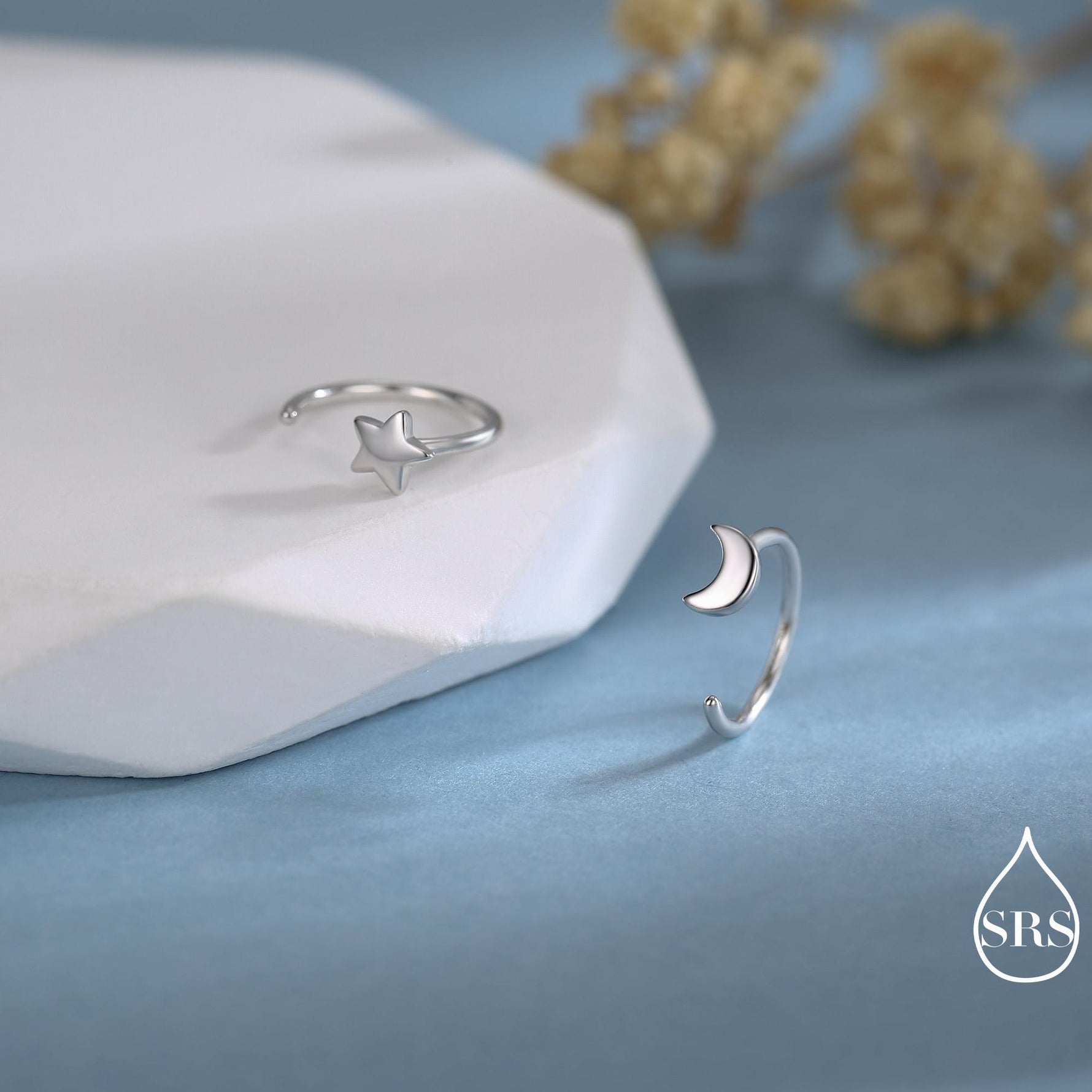 Mismatched Moon and Star Huggie Hoop Earrings in Sterling Silver, Asymmetric Pull Through Star Earrings, Half Hoops