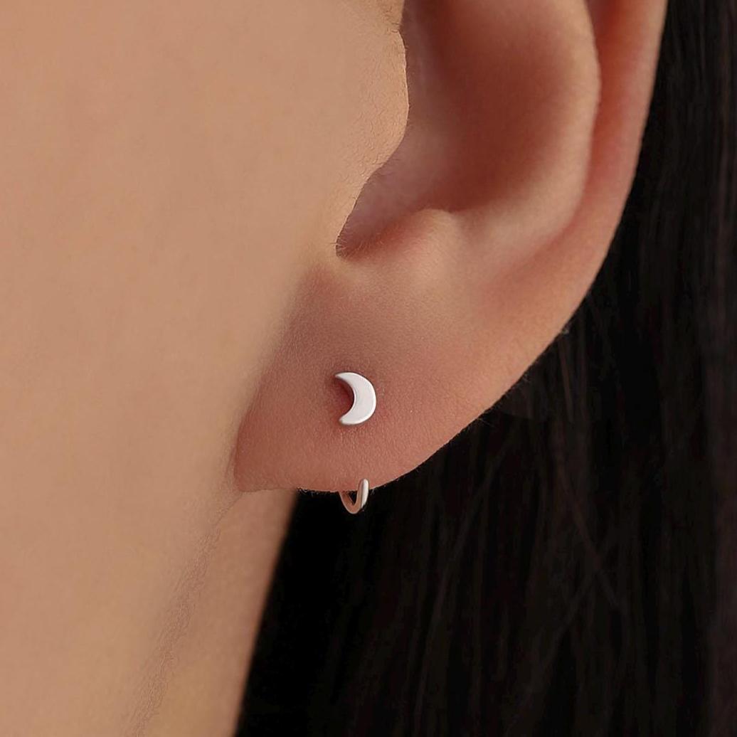 Tiny Crescent Moon Huggie Hoop Earrings in Sterling Silver, Moon Pull Through Earrings, Half Hoop Earrings, Open Hoop, Silver or Gold