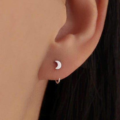 Tiny Crescent Moon Huggie Hoop Earrings in Sterling Silver, Moon Pull Through Earrings, Half Hoop Earrings, Open Hoop, Silver or Gold
