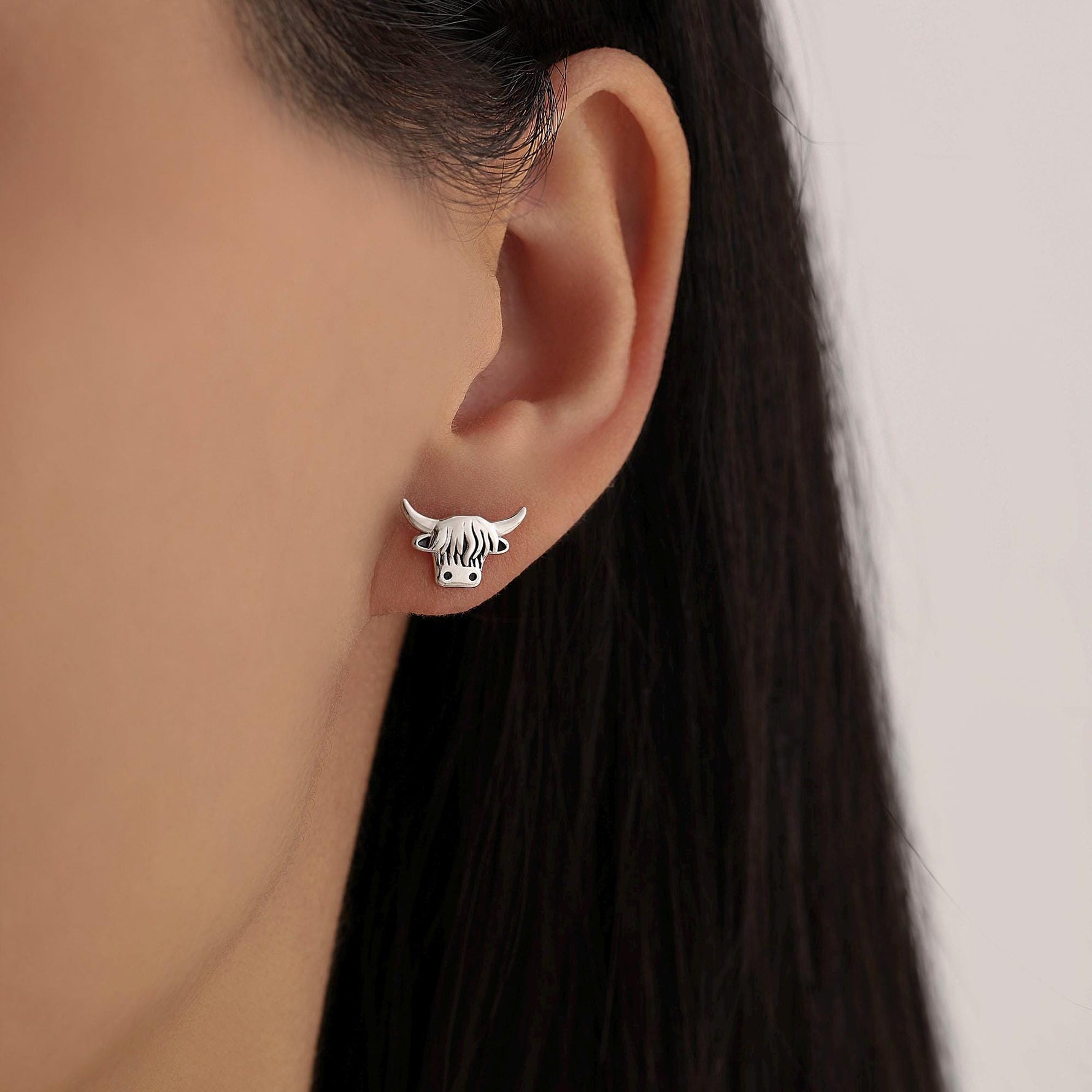 Delicate Highland Cow 18G Screw Back Earrings in Sterling Silver, Animal Earrings