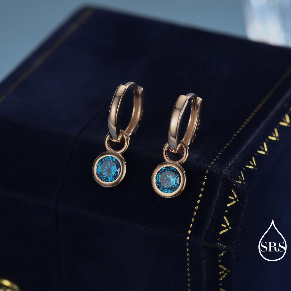 March Birthstone Aquamarine Blue CZ Hoop Earrings in Sterling Silver, Detachable Dangle Hoop Earrings, Silver, Gold or Rose Gold Finish