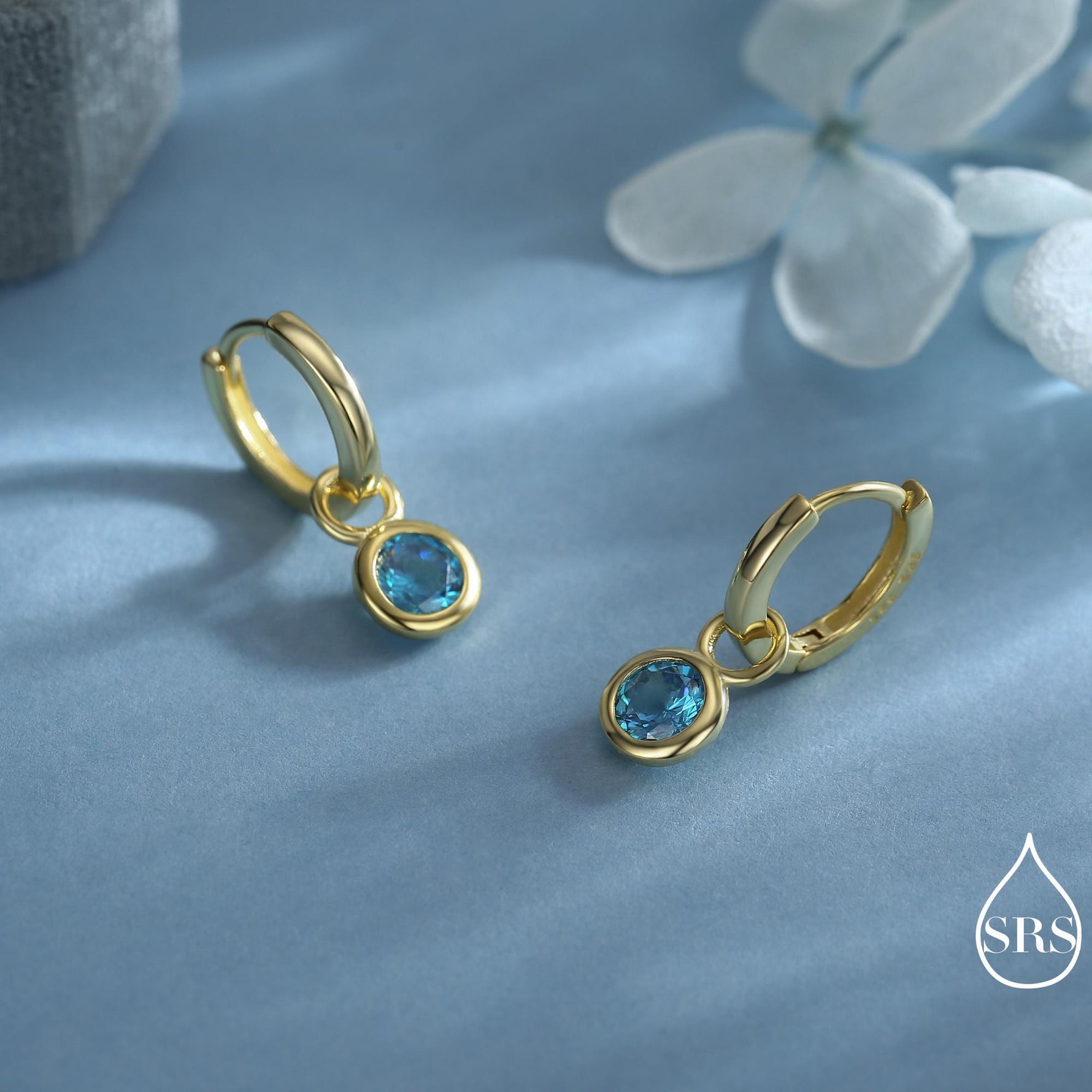 March Birthstone Aquamarine Blue CZ Hoop Earrings in Sterling Silver, Detachable Dangle Hoop Earrings, Silver, Gold or Rose Gold Finish