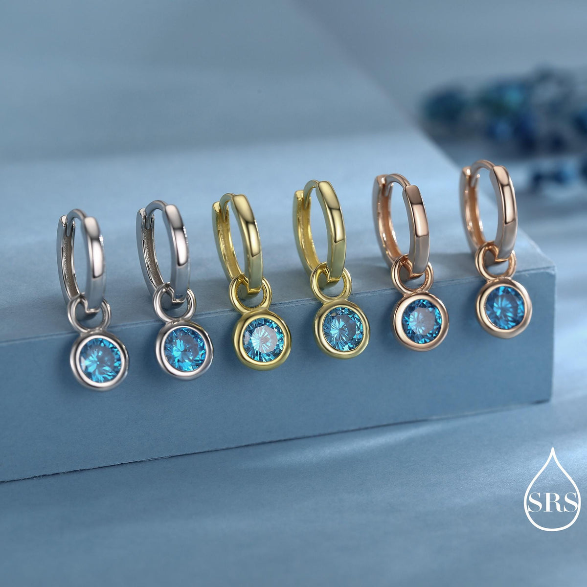 March Birthstone Aquamarine Blue CZ Hoop Earrings in Sterling Silver, Detachable Dangle Hoop Earrings, Silver, Gold or Rose Gold Finish