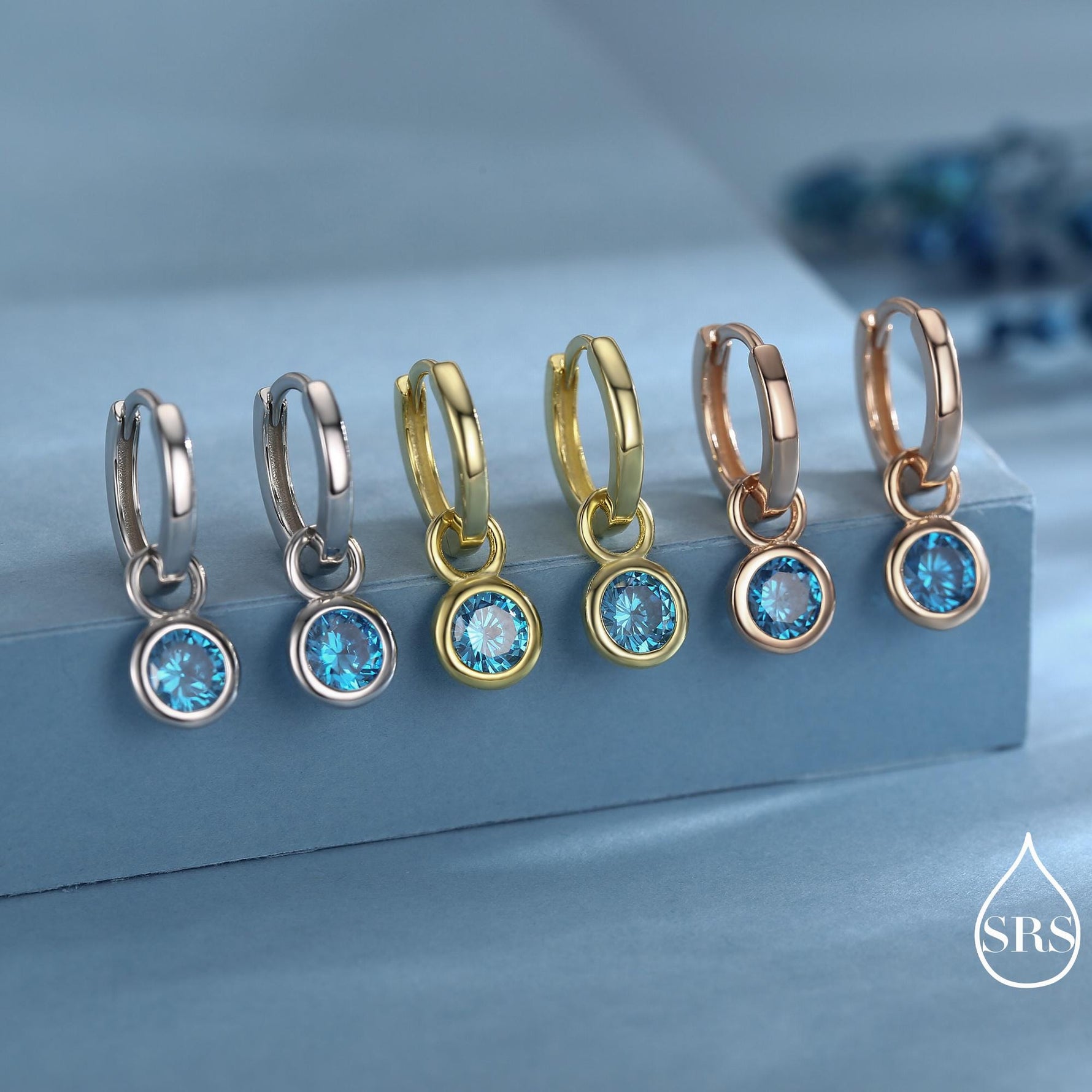 March Birthstone Aquamarine Blue CZ Hoop Earrings in Sterling Silver, Detachable Dangle Hoop Earrings, Silver, Gold or Rose Gold Finish