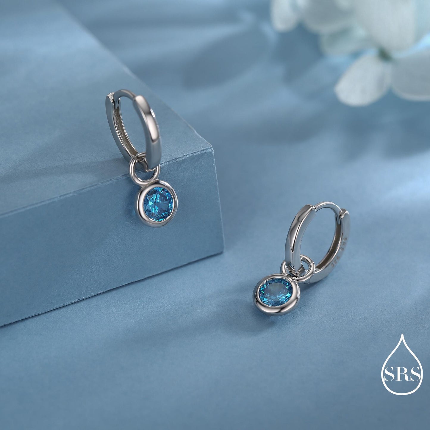 March Birthstone Aquamarine Blue CZ Hoop Earrings in Sterling Silver, Detachable Dangle Hoop Earrings, Silver, Gold or Rose Gold Finish