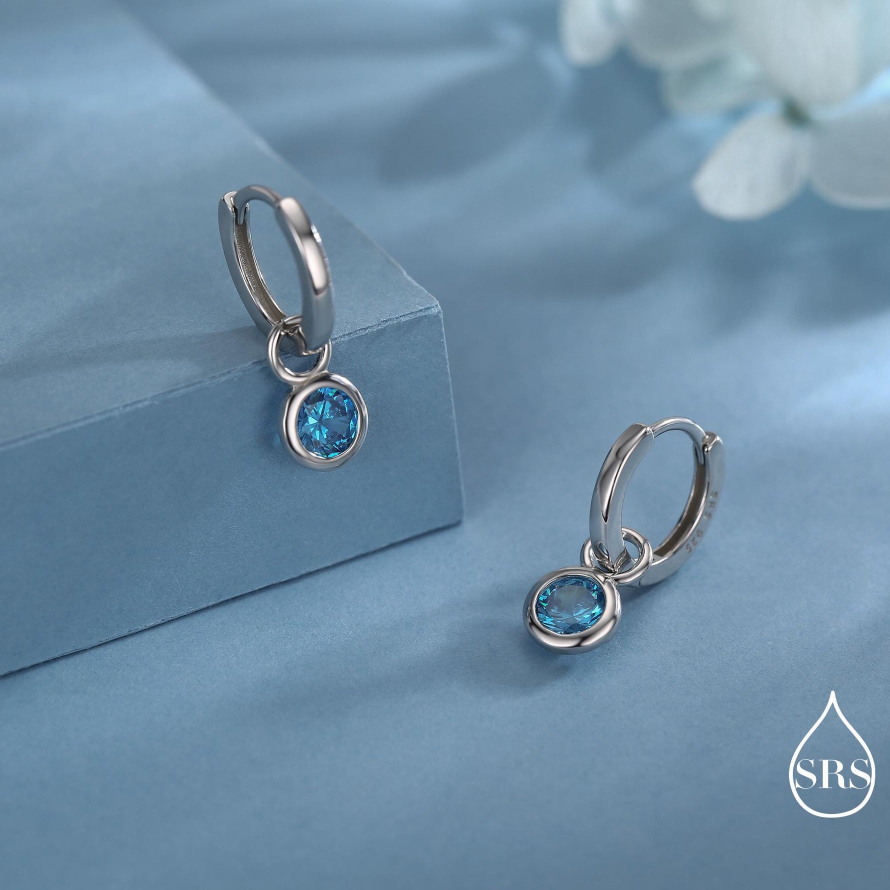 March Birthstone Aquamarine Blue CZ Hoop Earrings in Sterling Silver, Detachable Dangle Hoop Earrings, Silver, Gold or Rose Gold Finish