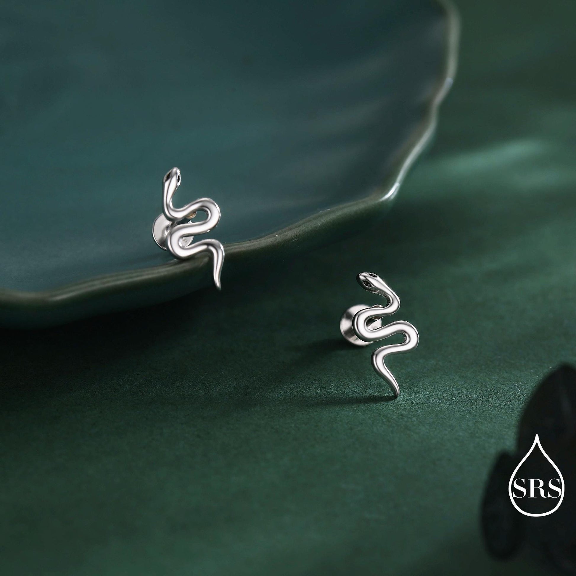 Snake Screw Back / Flat Back / Stud Earrings in Sterling Silver - Gold or Silver Finish- Sold as a Pair - Snake Barbel Earrings