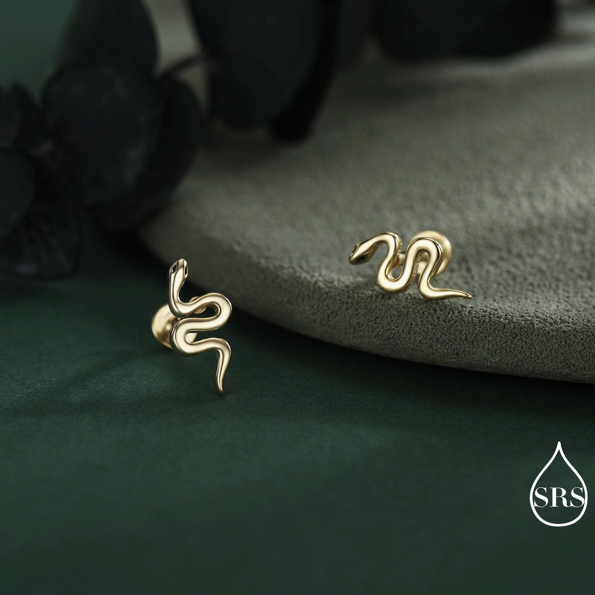 Snake Screw Back / Flat Back / Stud Earrings in Sterling Silver - Gold or Silver Finish- Sold as a Pair - Snake Barbel Earrings