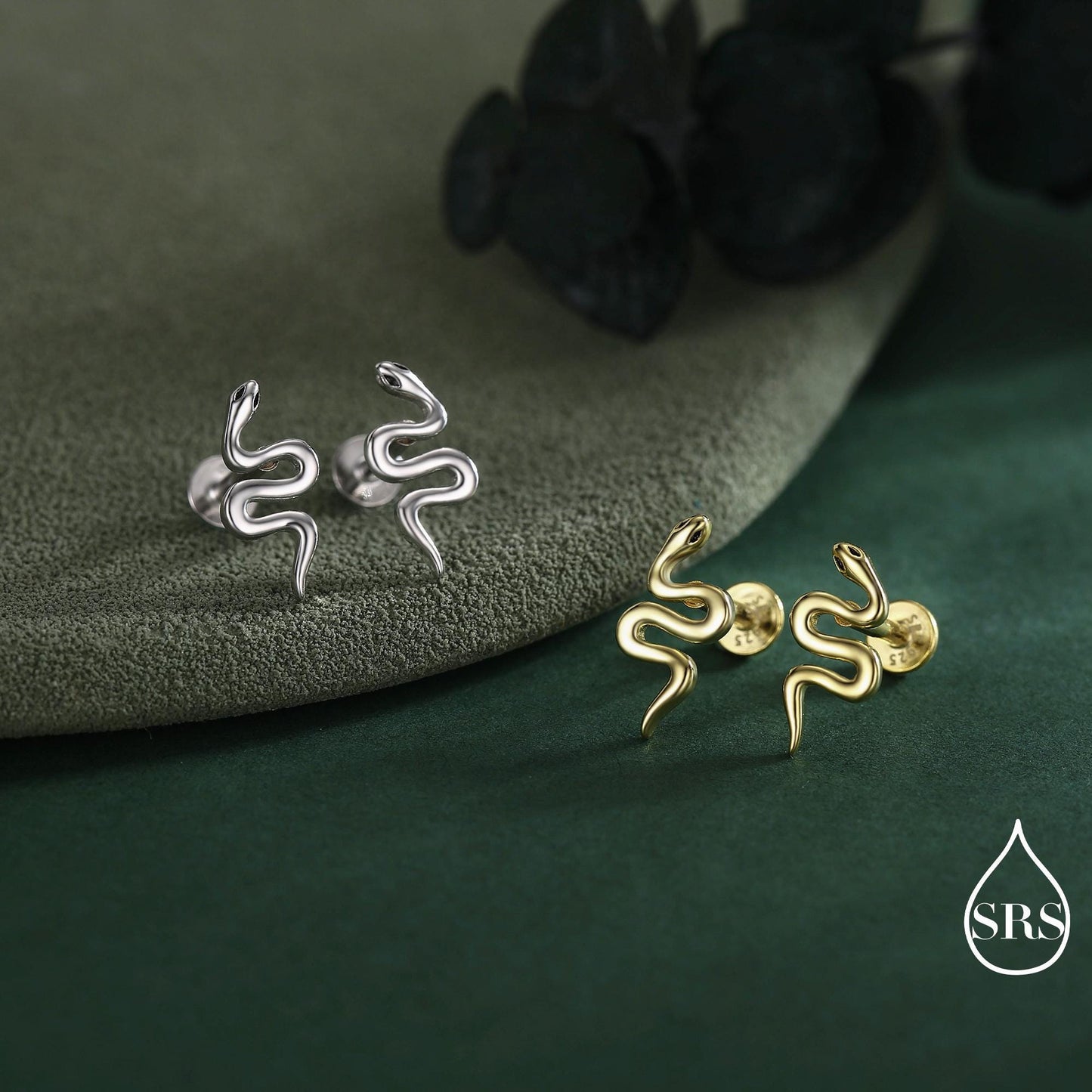 Snake Internal Flat Back /Screw Back / Stud Earrings in Sterling Silver - Gold or Silver Finish- Sold as a Pair - Snake Barbel Earrings