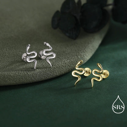 Snake Screw Back / Flat Back / Stud Earrings in Sterling Silver - Gold or Silver Finish- Sold as a Pair - Snake Barbel Earrings