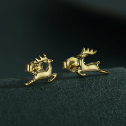 Running Reindeer Stud Earrings in Sterling Silver, Silver or Gold, Nature Inspired Animal Earrings