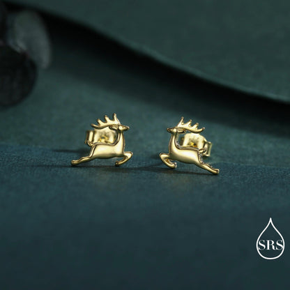 Running Reindeer Stud Earrings in Sterling Silver, Silver or Gold, Nature Inspired Animal Earrings