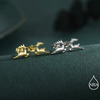 Running Reindeer Stud Earrings in Sterling Silver, Silver or Gold, Nature Inspired Animal Earrings