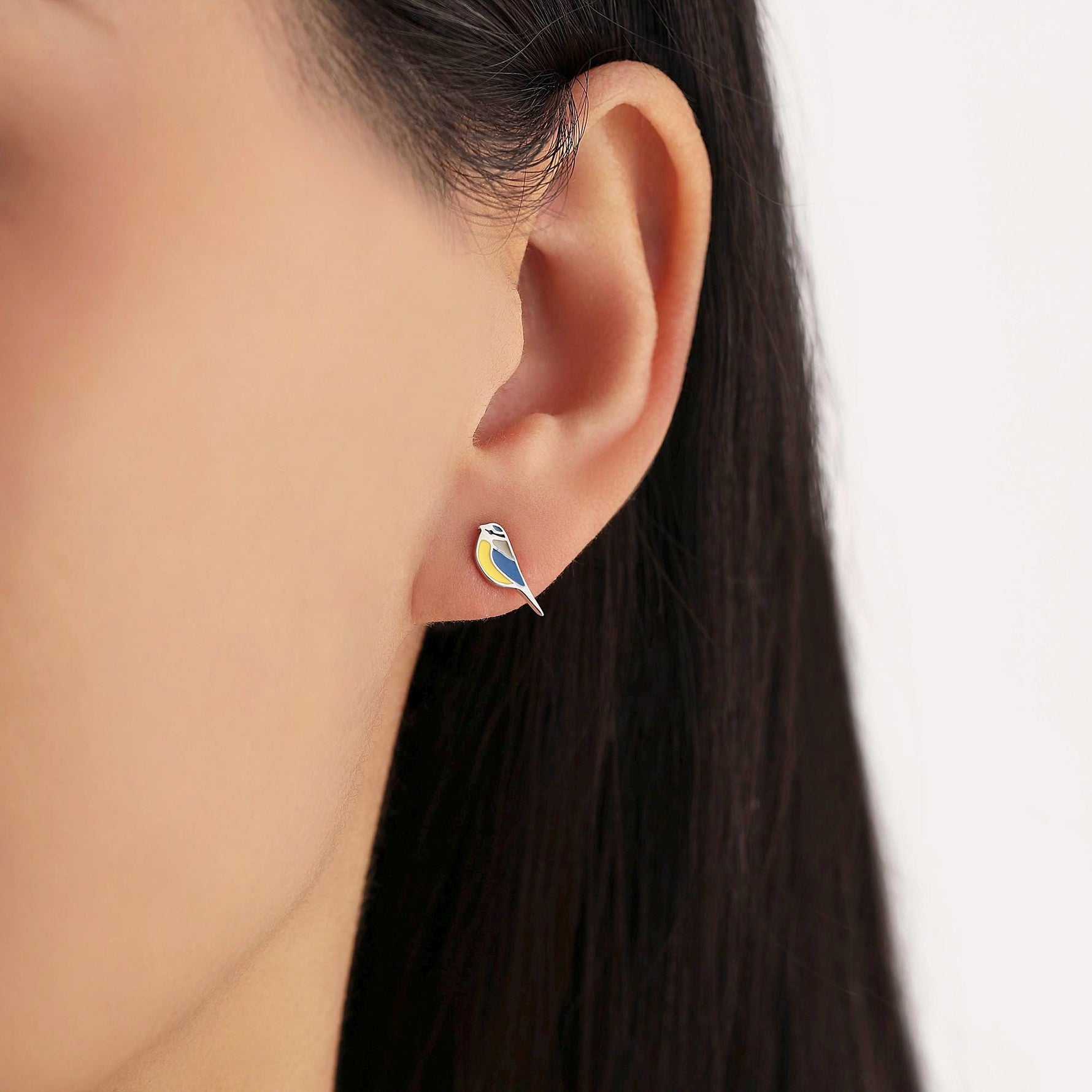Mismatched Blue Tit Bird and Flower Stud Earrings in Sterling Silver, Asymmetric Blue tit and Daisy Earrings