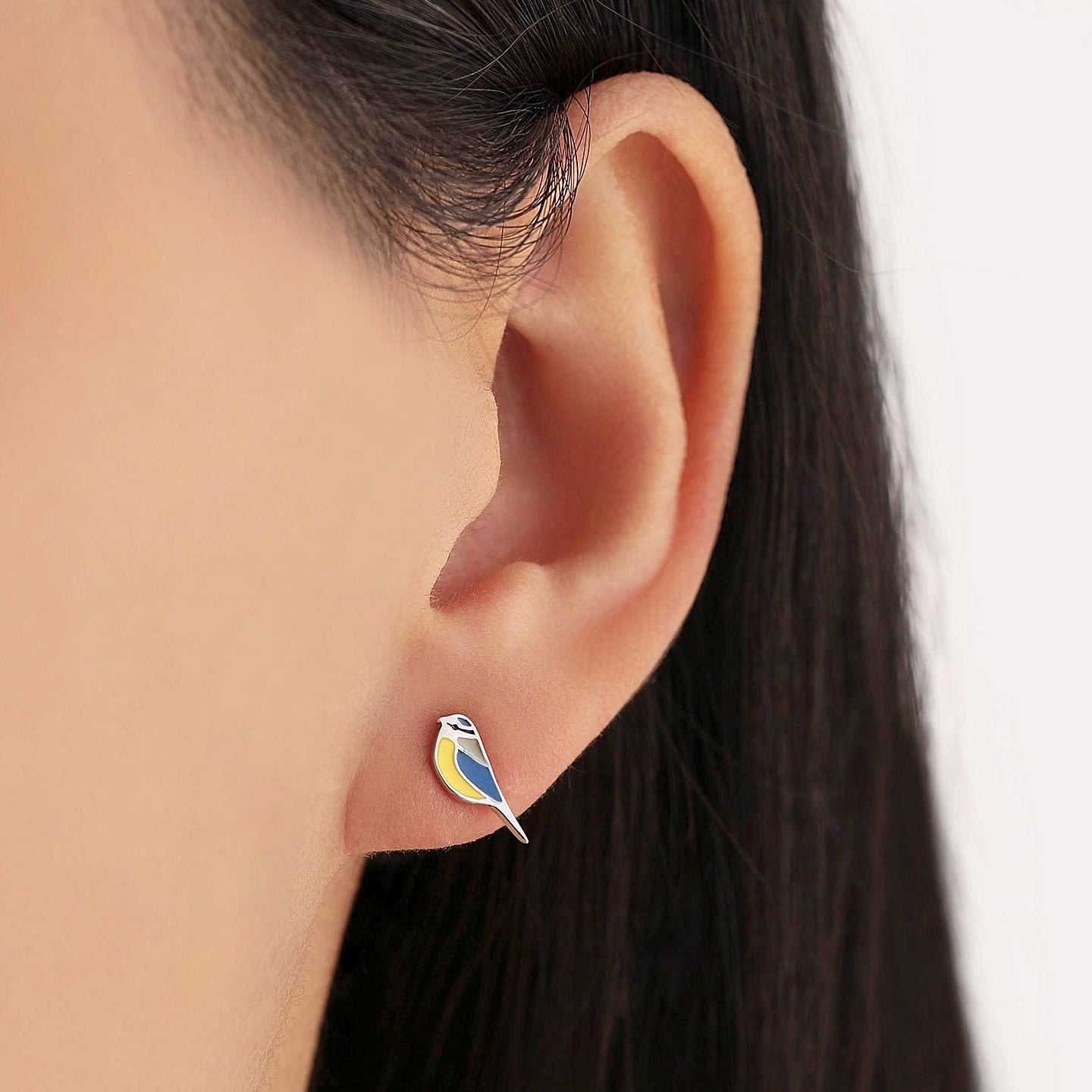 Blue Tit Bird Stud Earrings in Sterling Silver, Sterling Silver Blue Tit Earrings, Hand Painted Enamel Earrings, Animal Earrings