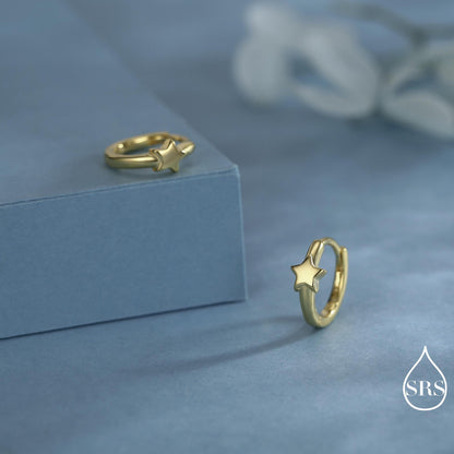 Star Huggie Hoop Earrings in Sterling Silver, Gold or Silver, Single Star 9mm Hoops, Celestial Jewellery