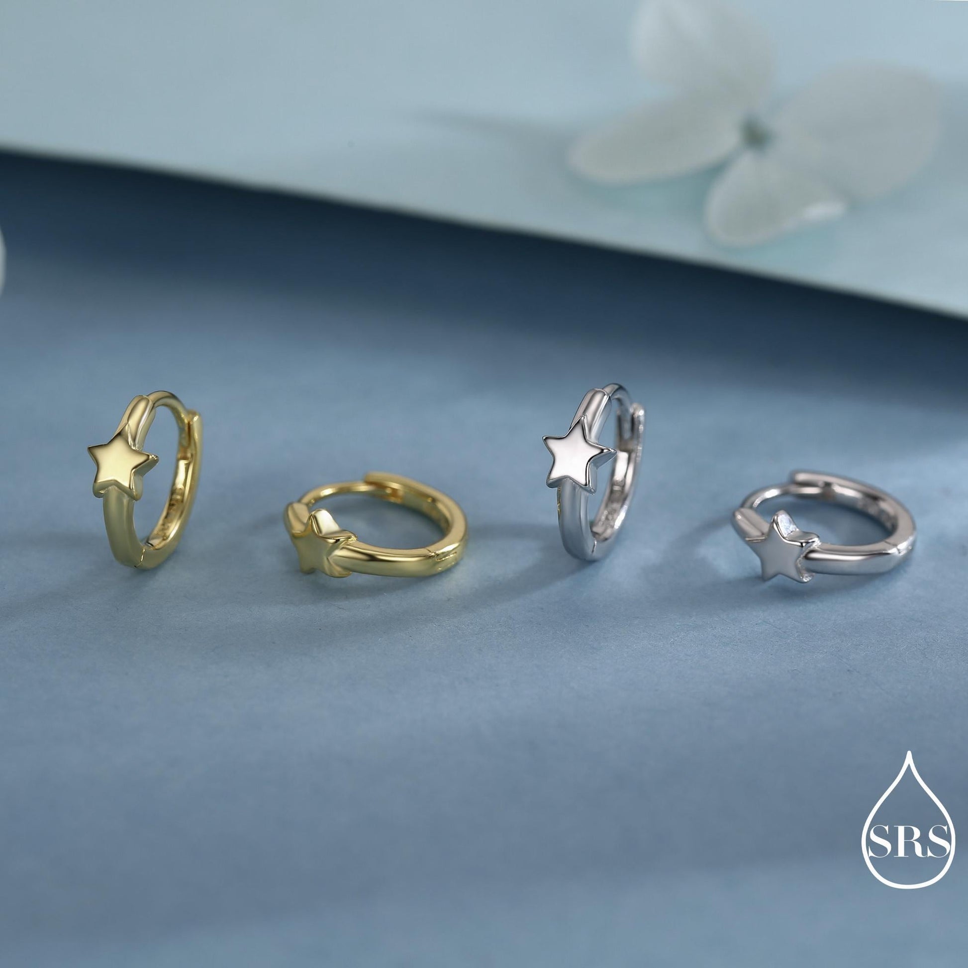 Star Huggie Hoop Earrings in Sterling Silver, Gold or Silver, Single Star 9mm Hoops, Celestial Jewellery
