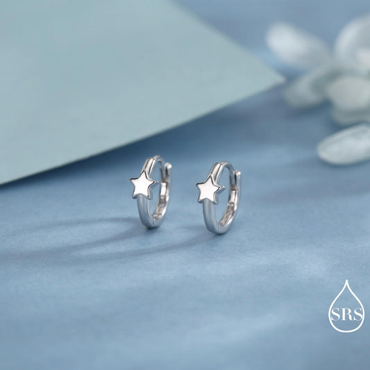 Star Huggie Hoop Earrings in Sterling Silver, Gold or Silver, Single Star 9mm Hoops, Celestial Jewellery