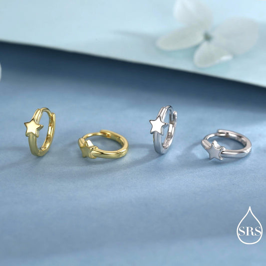 Star Huggie Hoop Earrings in Sterling Silver, Gold or Silver, Single Star 9mm Hoops, Celestial Jewellery