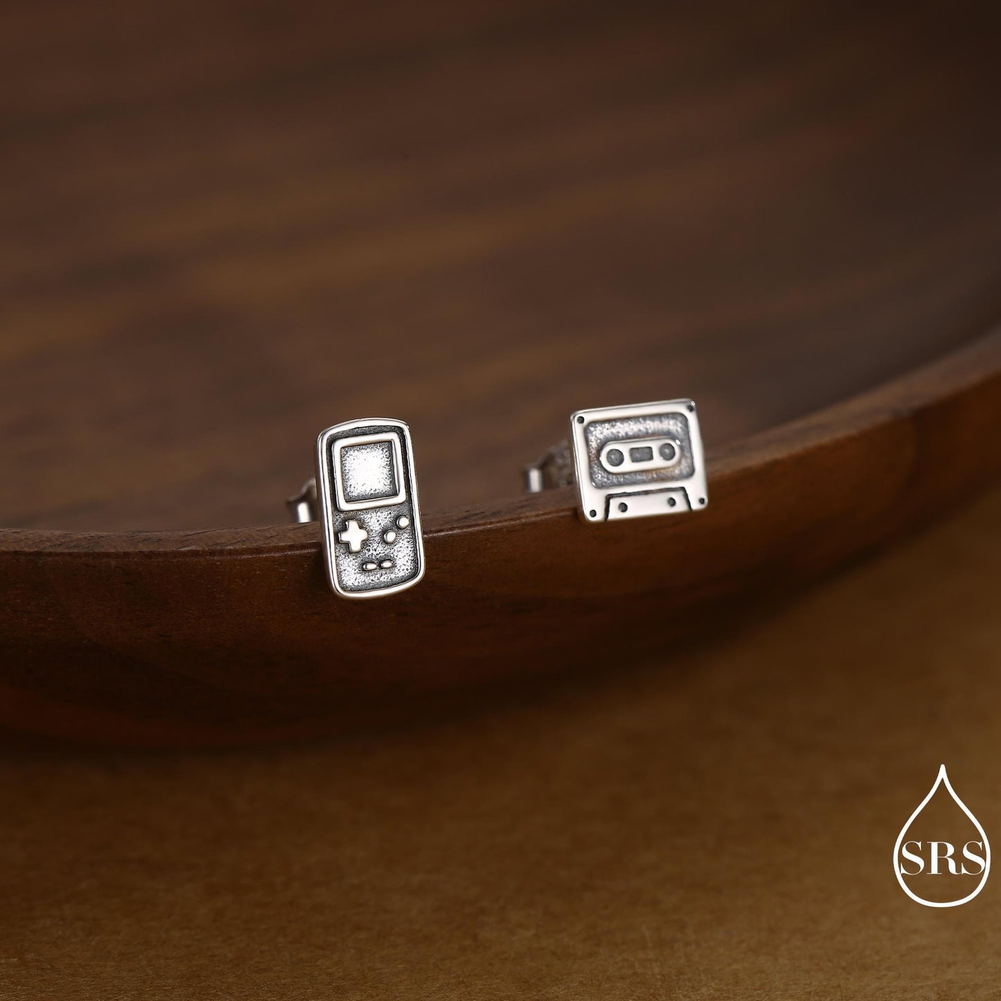 Sterling Silver Retro Game Console & Music Cassette Tape Stud Earrings, Mismatched 90s Nostalgic Jewellery, Silver, Gold or Rose Gold Finish