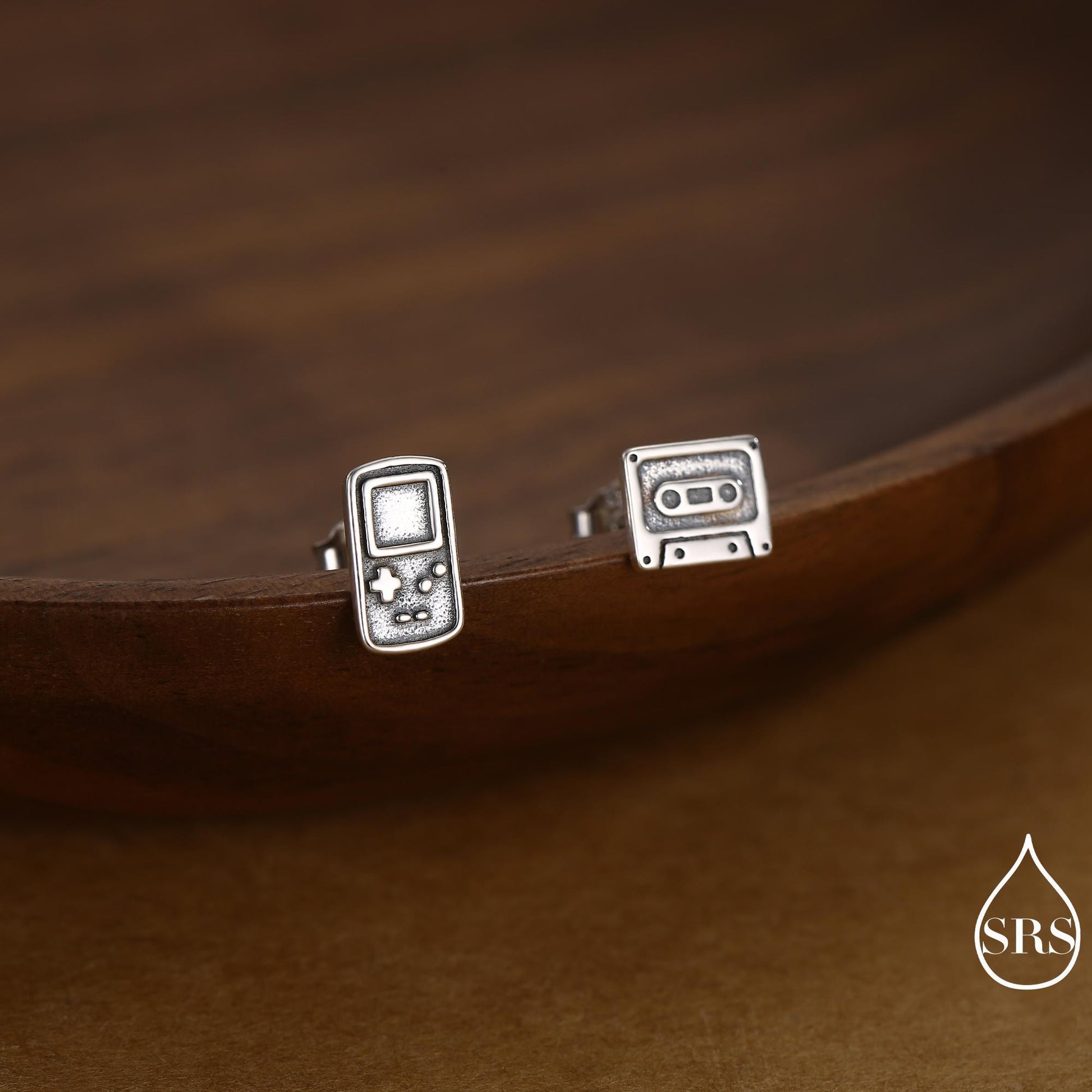 Sterling Silver Retro Game Console & Music Cassette Tape Stud Earrings, Mismatched 90s Nostalgic Jewellery, Silver, Gold or Rose Gold Finish