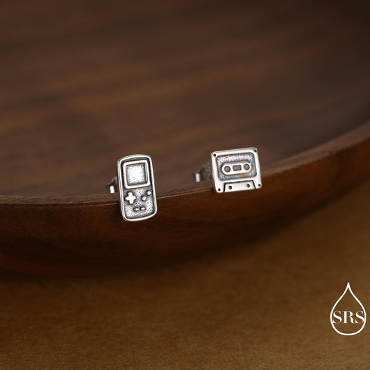 Sterling Silver Retro Game Console & Music Cassette Tape Stud Earrings, Mismatched 90s Nostalgic Jewellery, Silver, Gold or Rose Gold Finish