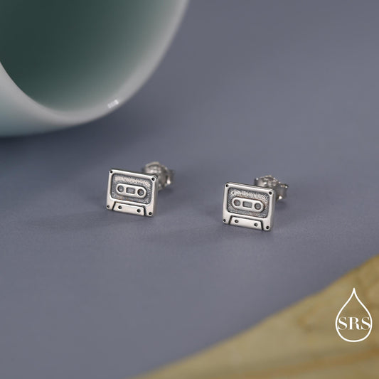 Sterling Silver Retro Music Cassette Tape Stud Earrings, 90s Nostalgic Jewellery, Oxidised Silver, Gold or Rose Gold Finish