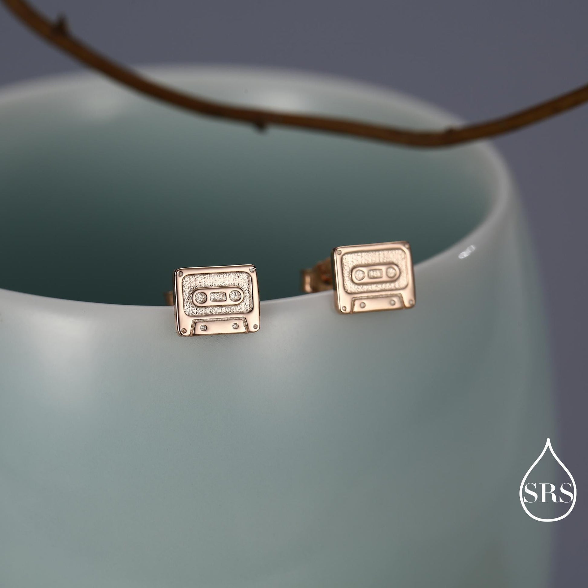 Sterling Silver Retro Music Cassette Tape Stud Earrings, 90s Nostalgic Jewellery, Oxidised Silver, Gold or Rose Gold Finish