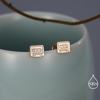 Sterling Silver Retro Music Cassette Tape Stud Earrings, 90s Nostalgic Jewellery, Oxidised Silver, Gold or Rose Gold Finish