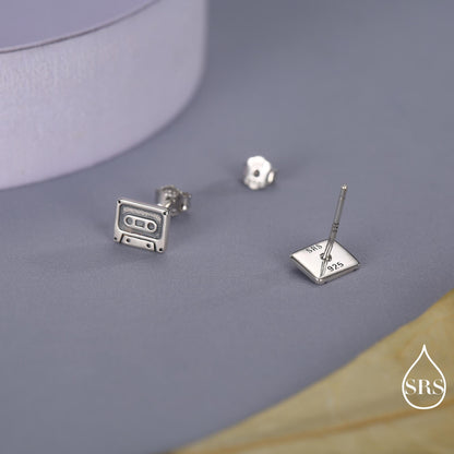 Sterling Silver Retro Music Cassette Tape Stud Earrings, 90s Nostalgic Jewellery, Oxidised Silver, Gold or Rose Gold Finish