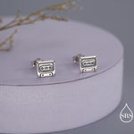 Sterling Silver Retro Music Cassette Tape Stud Earrings, 90s Nostalgic Jewellery, Oxidised Silver, Gold or Rose Gold Finish