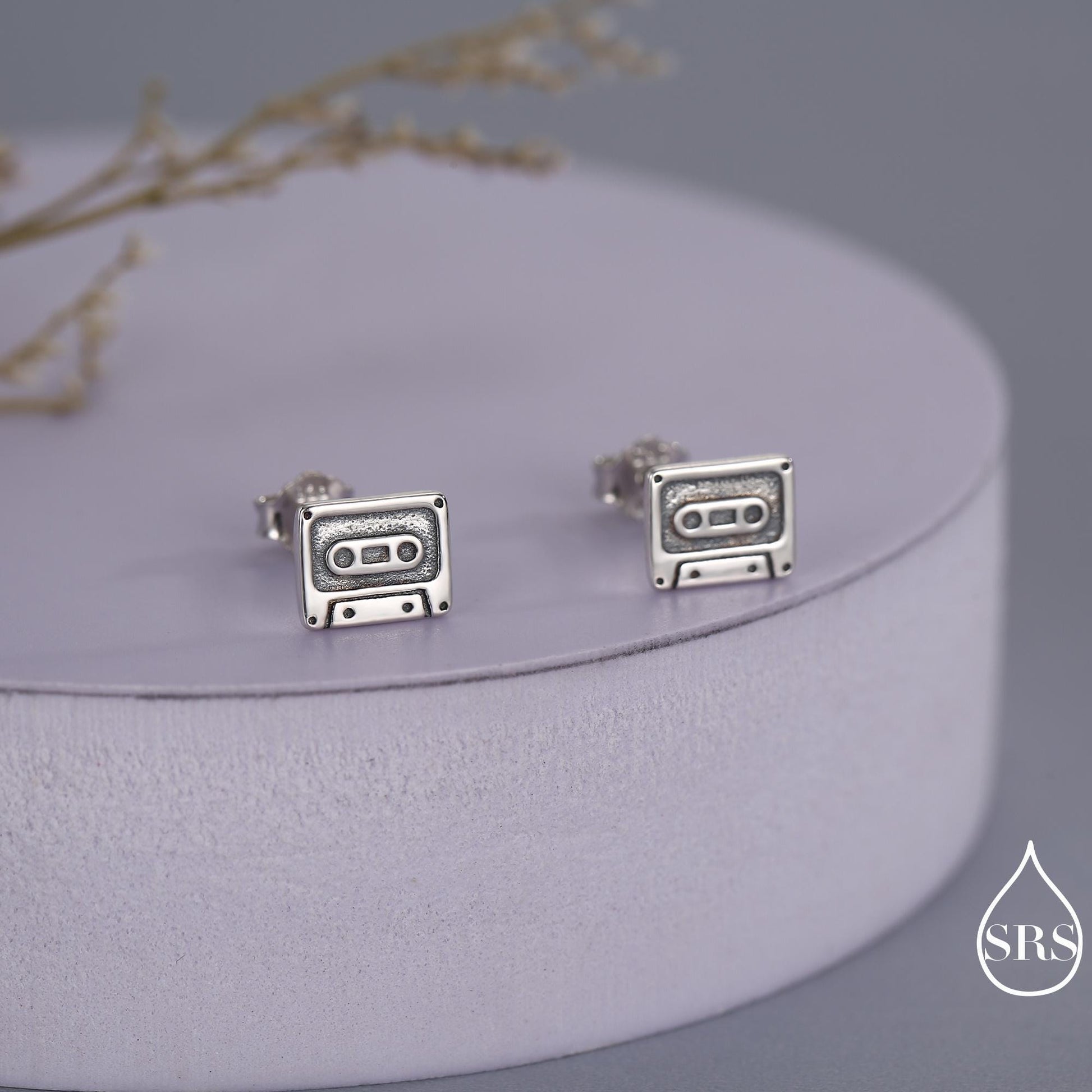 Sterling Silver Retro Music Cassette Tape Stud Earrings, 90s Nostalgic Jewellery, Oxidised Silver, Gold or Rose Gold Finish