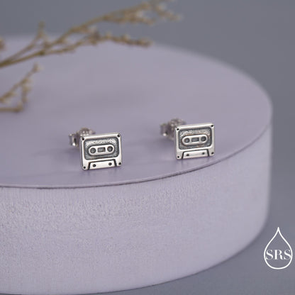 Sterling Silver Retro Music Cassette Tape Stud Earrings, 90s Nostalgic Jewellery, Oxidised Silver, Gold or Rose Gold Finish