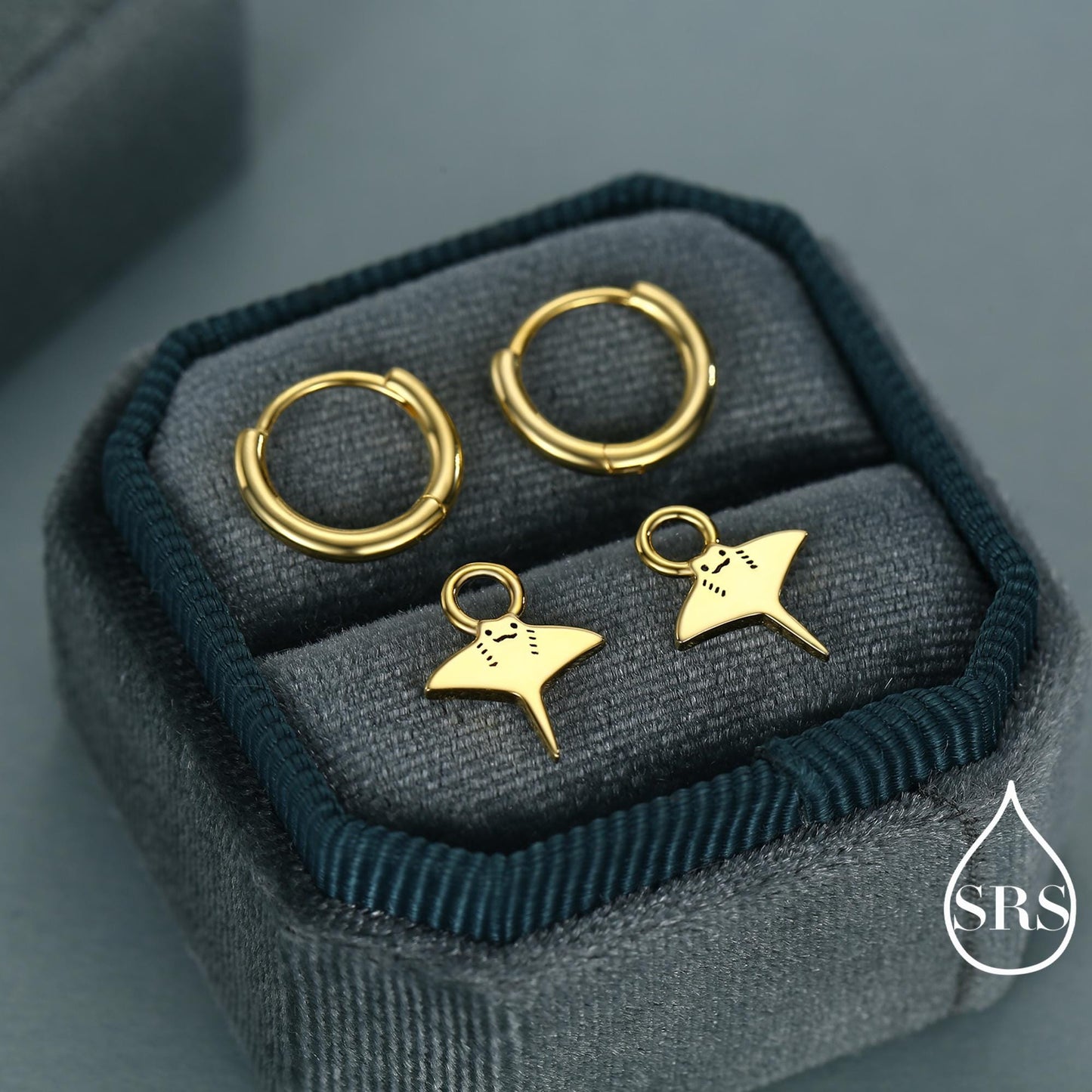 Kawaii Manta Ray Huggie Hoop Earrings in Sterling Silver, Gold or Rose Gold Finish, Detachable Charms