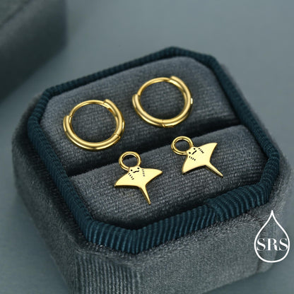 Kawaii Manta Ray Huggie Hoop Earrings in Sterling Silver, Gold or Rose Gold Finish, Detachable Charms