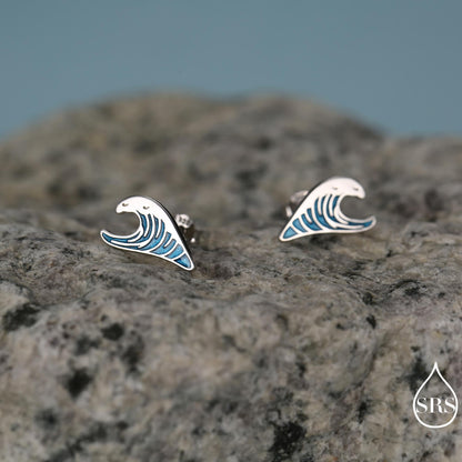 The Great Wave Sterling Silver Enamel Stud Earrings, Ocean Earrings with Hand Applied Enamel, Wave Earrings