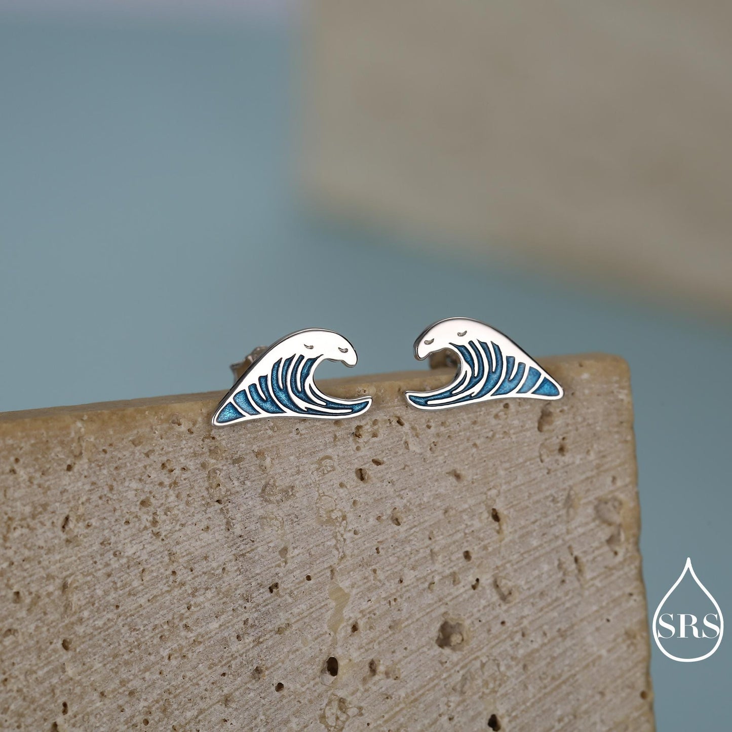 The Great Wave Sterling Silver Enamel Stud Earrings, Ocean Earrings with Hand Applied Enamel, Wave Earrings